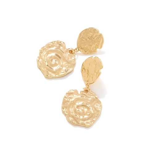 Retro Gold Hammered Texture Irregular Round Geometric Zinc Alloy Drop Dangle Earrings For Women Long Vintage Coin Jewelry