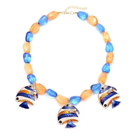 Tropical Fish Pendant Necklace With Multi Color Resin Beads Alloy Enamel Rhinestone Ocean Beach Vacation Style Women