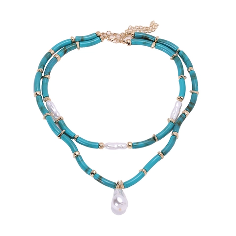 Collana A Strati Con Künstliche Perle In Resina Turchese E Künstliche Perle Barocche Irregolari Lega Dorata Stile Boho Donna