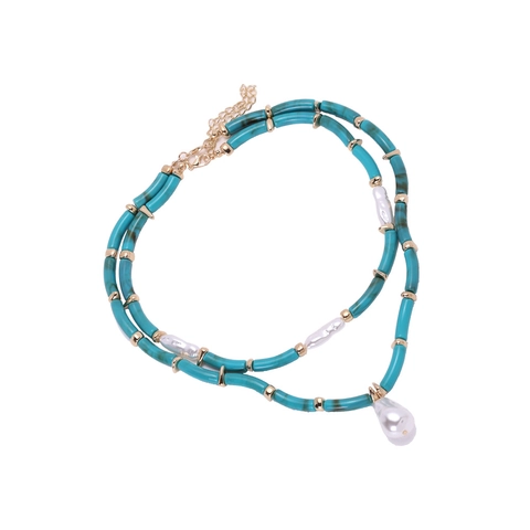Collana Boho A Strati Con Perline In Resina Turchese E Imitazione Di Künstliche Perle Barocche In Lega Dorata Elegante