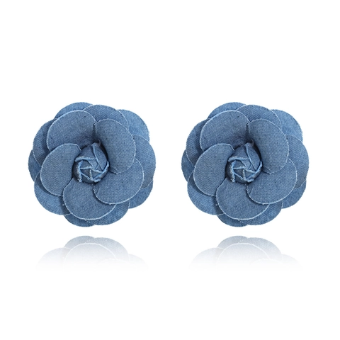 Vintage Denim Flower Stud Earrings Oversized Handmade Blue Camellia Rose Statement Jewelry For Women Retro Casual Fabric Accessories
