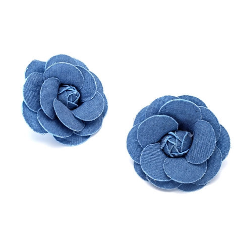 Vintage Denim Flower Stud Earrings Oversized Handmade Blue Camellia Rose Statement Jewelry For Women Retro Casual Fabric Accessories