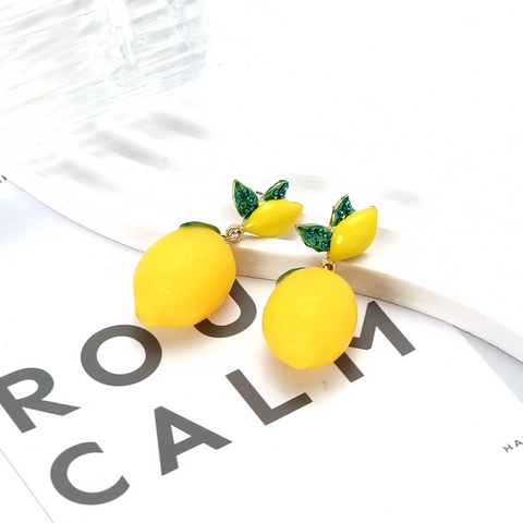 Lemon Fruit Pendant Earrings With Alloy Resin Rhinestone And Stainless Steel Earring Post Summer Fresh Style Women