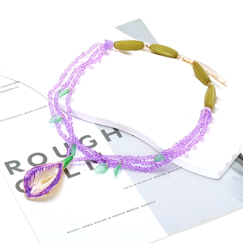 Multilayer Crystal Beaded Necklace Calla Lily Flower Pendant Resin Leaf Accents Handmade Boho Jewelry For Women
