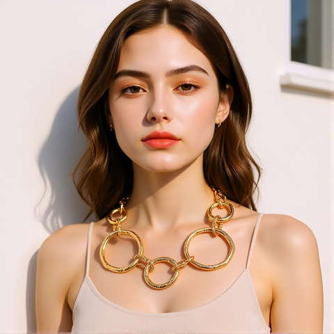Collar De Cadena Gruesa Círculo De Metal Martillado Irregular Aleación Hierro Oro Joyería Declaración Retro Mujer