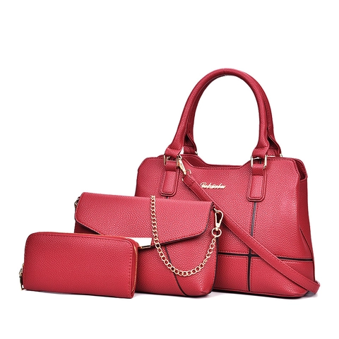 Lychee Texture PU Leather Handbag And Chain Crossbody Bag And Long Wallet Elegant Fashion For Women Daily