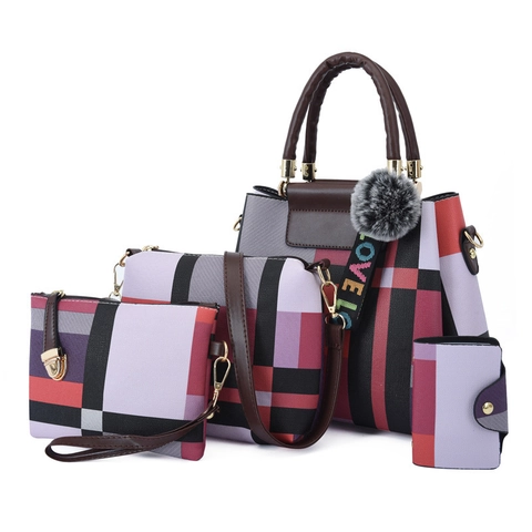 Borsa Da Donna In Pelle PU Tote Borsa A Tracolla Pochette E Portacarte Motivo A Quadri Geometrici Con Ciondolo In Pelliccia