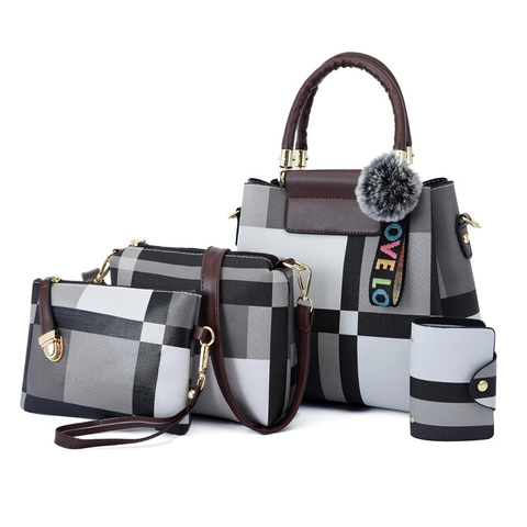 Borsa Da Donna In Pelle PU Tote Borsa A Tracolla Pochette E Portacarte Motivo A Quadri Geometrici Con Ciondolo In Pelliccia