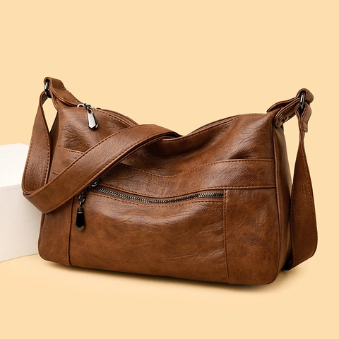Women Large Capacity Crossbody Bag Soft PU Leather Multi Zipper Pocket Casual Retro Shoulder Handbag Solid Color Wide Strap
