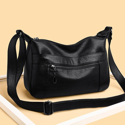 Women Large Capacity Crossbody Bag Soft PU Leather Multi Zipper Pocket Casual Retro Shoulder Handbag Solid Color Wide Strap
