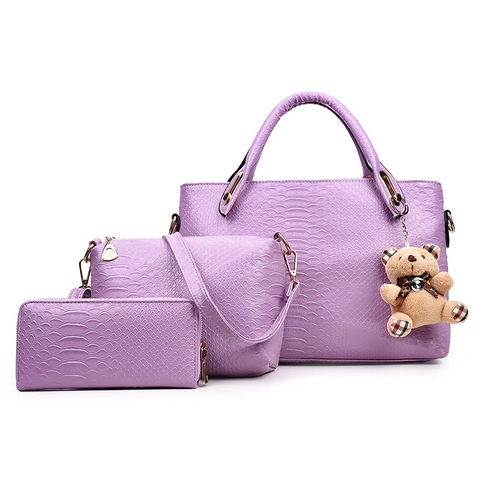 Women Fashion Handbag Crossbody Bag And Wallet Embossed Crocodile Pattern PU Leather With Teddy Bear Charm Elegant