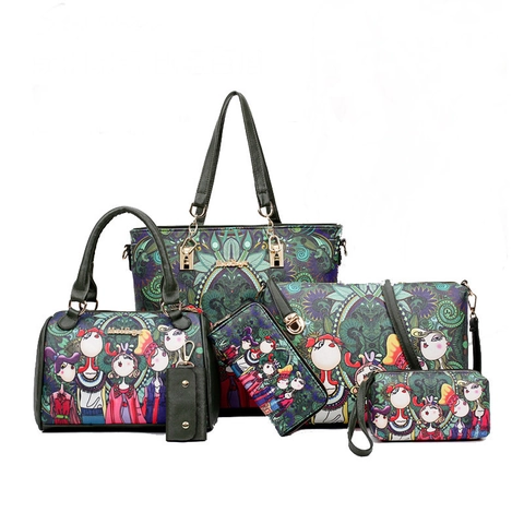 Frauen Handtasche Und Tote Und Umhängetasche Und Geldbörse PU Leder Cartoon Druck Künstlerisch Böhmisch Mode Große Kapazität