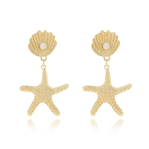 Starfish Seashell Drop Earrings Gold Plated Alloy Faux Artificial Pearl Beach Vacation Marine Jewelry With Stainless Steel Earring Post