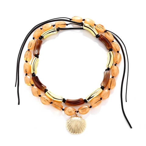 Double Layer Bohemian Necklace Amber Resin Beads Alloy Scallop Shell Pendant Beach Vacation Style For Women