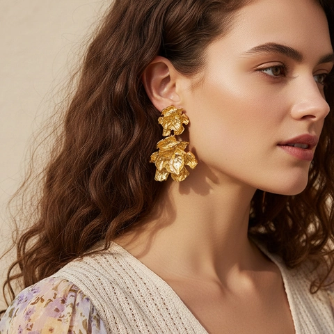 Pendientes Colgantes De Pétalos Flor Aleación De Zinc Con Poste De Acero Inoxidable Textura Arrugada Irregular Vintage Para Mujeres