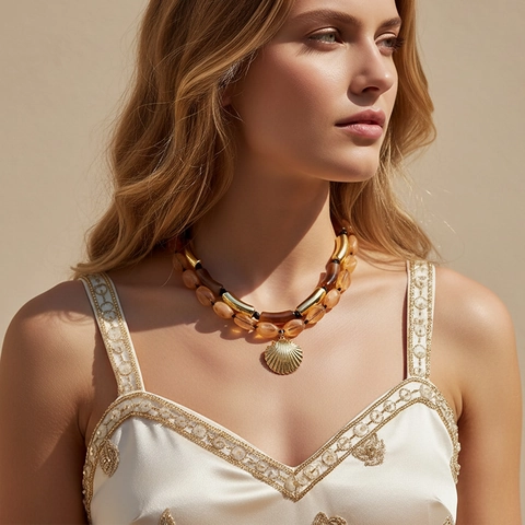 Double Layer Bohemian Necklace Amber Resin Beads Alloy Scallop Shell Pendant Beach Vacation Style For Women