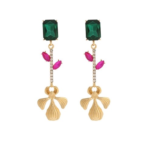 Orecchini Pendenti Lunghi A Fiore Lega Vetro Smeraldo Pietra Rhinestones Perno In Acciaio Inossidabile Gioielli Vintage Donna