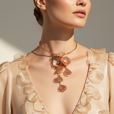 Collana Choker Pendente Fiore Metallo 3D Lega Strass Statement Elegante Gioielli Floreali Per Donna
