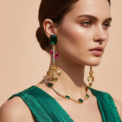 Orecchini Pendenti Lunghi A Fiore Lega Vetro Smeraldo Pietra Rhinestones Perno In Acciaio Inossidabile Gioielli Vintage Donna