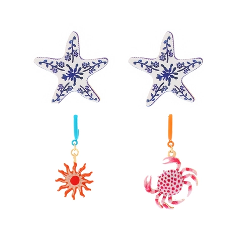 Zeester Krab Zon Hangoorbellen Zinklegering Emaille Blauw Wit Porseleinpatroon Asymmetrische Sieraden Dames