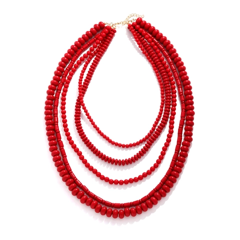 Women Red Multi Layer Beaded Necklace Five Layers Resin Beads Handmade Waterfall Ethnic Statement Jewelry Adjustable
