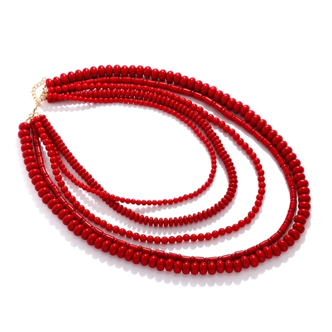 Women Red Multi Layer Beaded Necklace Five Layers Resin Beads Handmade Waterfall Ethnic Statement Jewelry Adjustable