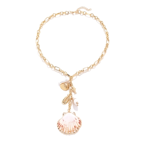 Bohemian Ocean Shell Pendant Necklace Gold Tone Zinc Alloy Conch Faux Artificial Pearl Beach Style Fashion Jewelry For Women