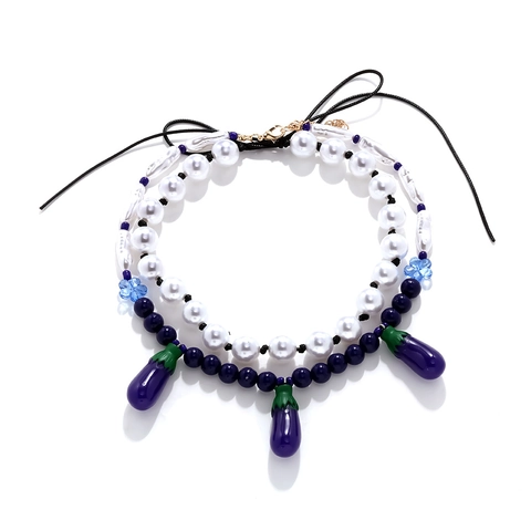 Collana A Strati Künstliche Perle Imitazione Con Ciondolo Melanzana Resina Accenti Fiori Blu Gioielli Estivi Fatto A Mano Donna