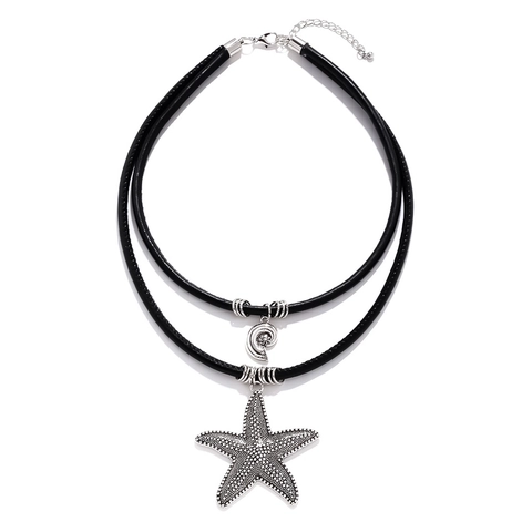 Double Layer Starfish Shell Pendant Necklace Zinc Alloy Black PU Leather Rope Beach Ocean Style Jewelry For Women