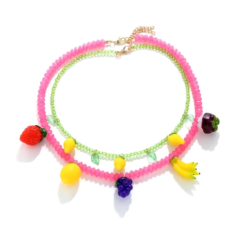 Colorful Fruit Beaded Necklaces Alloy Resin Strawberry Lemon Grape Pendants Double Layered Summer Jewelry Women Girls