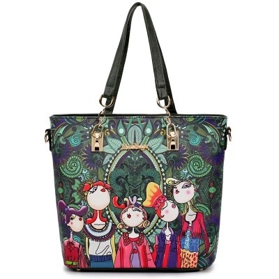 Frauen Handtasche Und Tote Und Umhängetasche Und Geldbörse PU Leder Cartoon Druck Künstlerisch Böhmisch Mode Große Kapazität
