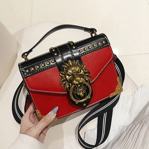 Retro Women PU Leather Small Square Bag With Golden Lion Head Knocker Metal Rivet Wide Striped Strap Crossbody Handbag