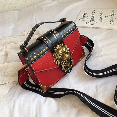 Retro Women PU Leather Small Square Bag With Golden Lion Head Knocker Metal Rivet Wide Striped Strap Crossbody Handbag