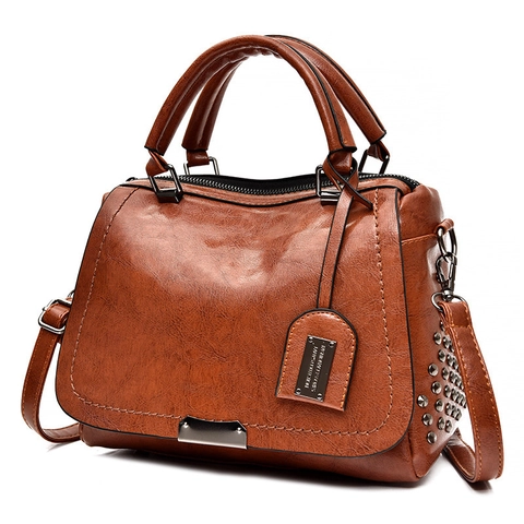 Retro Boston Tasche Für Damen PU Leder Umhängetasche Handtasche Mit Nietendekor Top Griff Mode Elegant Für Frauen