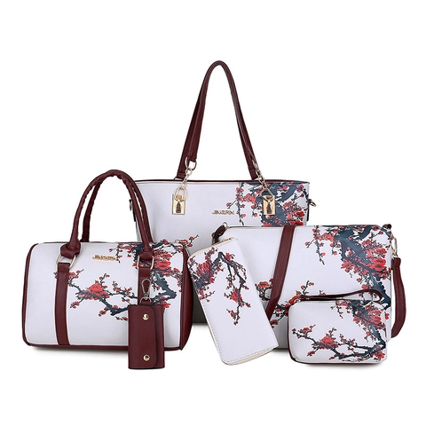 Juego De Bolsos De Cuir PU Con Estampado Floral Bolso De Hombro Boston Cartera Neceser Llavero Gran Capacidad Herrajes Dorados Elegante