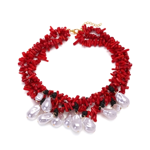 Collana Con Pendente Di Künstliche Perle Barocche E Grani Di Resina Corallo Rosso Gioielli Statement Boho Etnici Da Donna