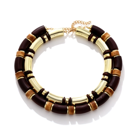 Collana A Strati Grossa Retro Boho Geometrica Legno Resina E Lega Patchwork Perle Catena Da Clavicola Regolabile