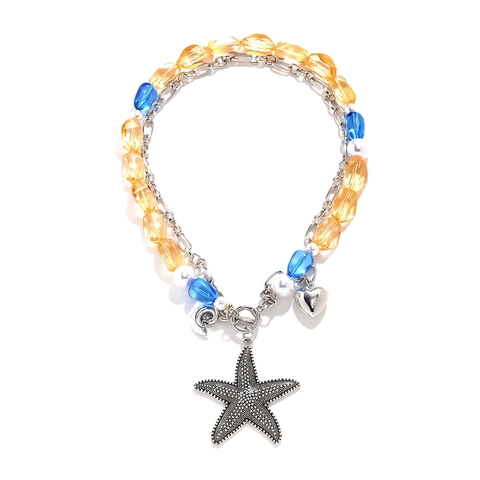 Layered Beaded Necklace With Resin Beads Alloy Starfish Shell Heart Pendants Ocean Summer Beach Style Jewelry For Women