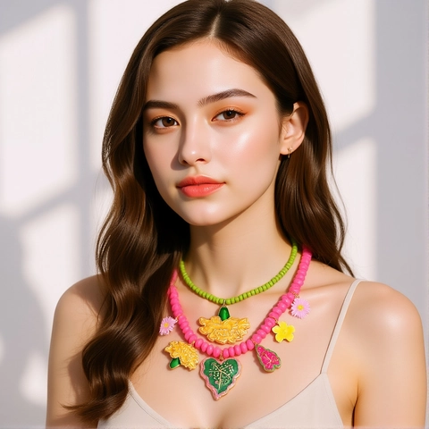 Bohemian Double Layer Beaded Necklace For Women Resin Flower Leaf Charms Enamel Drip Oil Pendant Jewelry Sweet Holiday Neckpiece