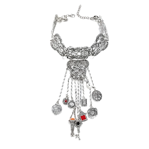 Boho Retro Choker Ketting Voor Dames Legering Holle Bloem Met Munt Sleutel Hangers En Kunstmatige Edelstenen Barok Stijl