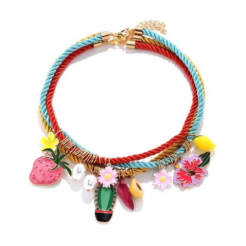 Multi Layer Woven Rope Necklace With Alloy Strawberry Cactus Flower Fruit Pendants And Imitation Artificial Pearl Summer Beach Jewelry