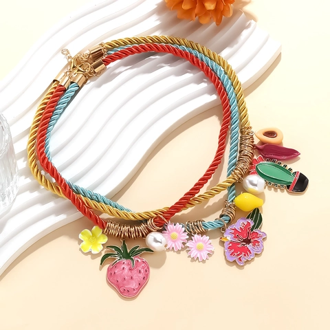 Multi Layer Woven Rope Necklace With Alloy Strawberry Cactus Flower Fruit Pendants And Imitation Artificial Pearl Summer Beach Jewelry