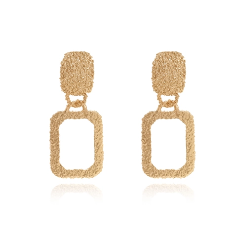 Retro Geometric Rectangle Dangle Earrings Gold Hammered Metal Texture Alloy Drop Earrings For Women Elegant Jewelry