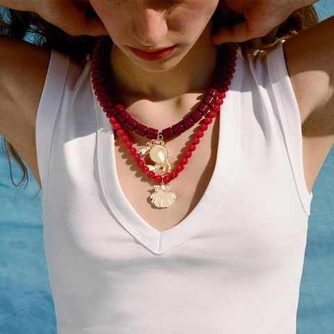 Collana A Doppio Strato Con Perline Di Resina Rossa Ciondoli Granchio Conchiglia Oceano Gioielli Estivi Da Donna