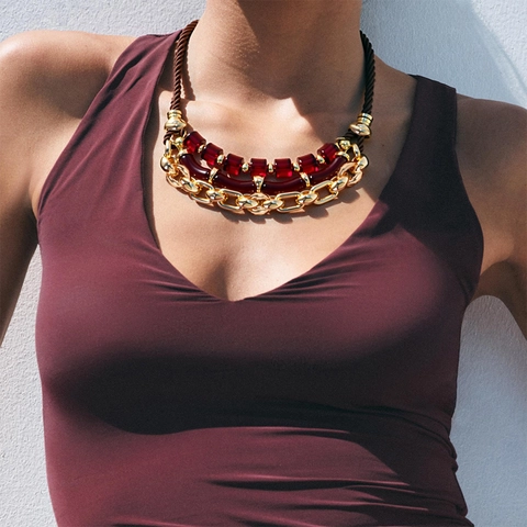 Collier Multi-Rangs Avec Perles En Résine Géométriques Chaîne En Alliage Et Cordon Bijou Bohème Rétro Pour Femmes