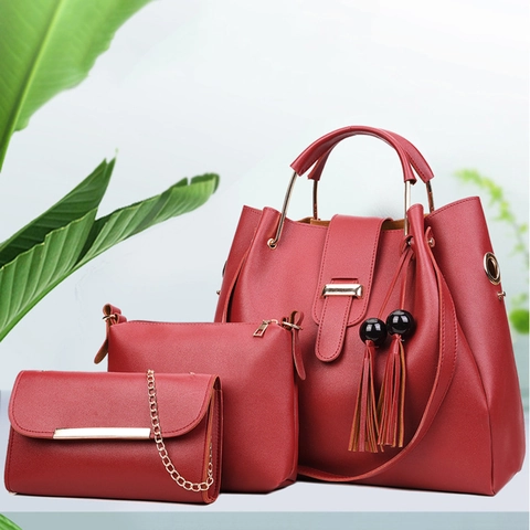 Women Matching Bags PU Leather Litchi Texture Tassel Metal Handle Tote Shoulder Bag And Clutch Elegant