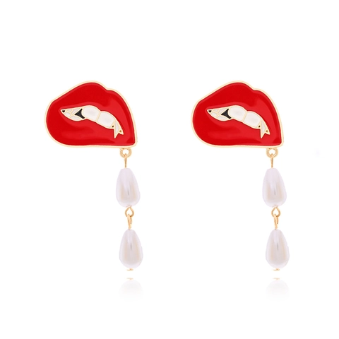 Red Lips Enamel Drop Earrings With White Imitation Artificial Pearl Teardrop Dangle Pop Art Style Fashion Jewelry For Women