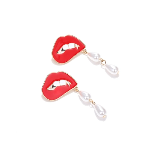 Red Lips Enamel Drop Earrings With White Imitation Artificial Pearl Teardrop Dangle Pop Art Style Fashion Jewelry For Women