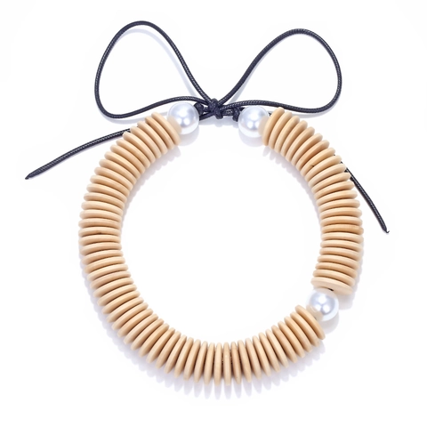 Handmade Wood Disc Beaded Necklace With Imitation Artificial Pearl Accents Geometric Bohemian Clavicle Chain For Women Retro Fashion