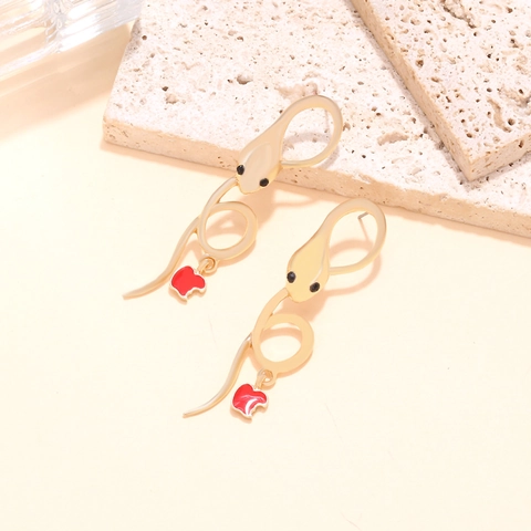 Pendientes Colgantes De Serpiente Y Manzana Roja Mordida Aleación Esmalte Strass Joyería Animal Fruta Moda Mujer Novedad